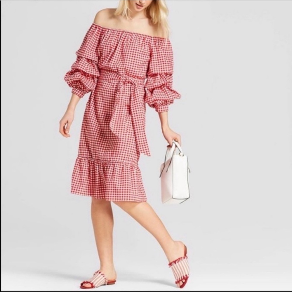 Sold! Gingham Off-Shoulder Dress in Red